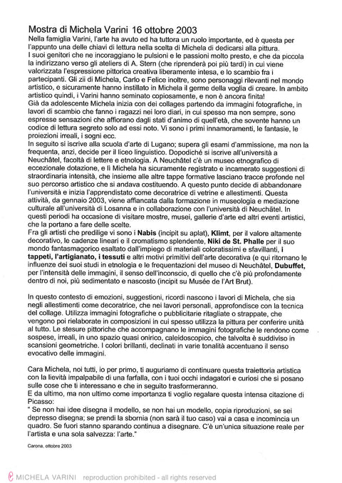 2003 - Testo dello scultore Aldo Ferrario Michela Varini